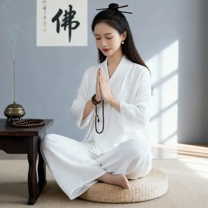 
Zen Meditation Clothes for Women White Immortal Qi Meditation Healer Clothes Meditation Worshiping Buddha Plain Clothes Zen Buddhist Layman Clothes Large Size
