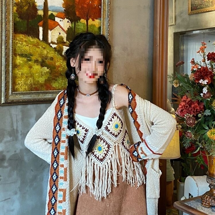 Autumn and Winter New Bohemian Wool Knitwear Ethnic Style Tassel Loose Long Retro Sweater Cardigan Jacket for Women