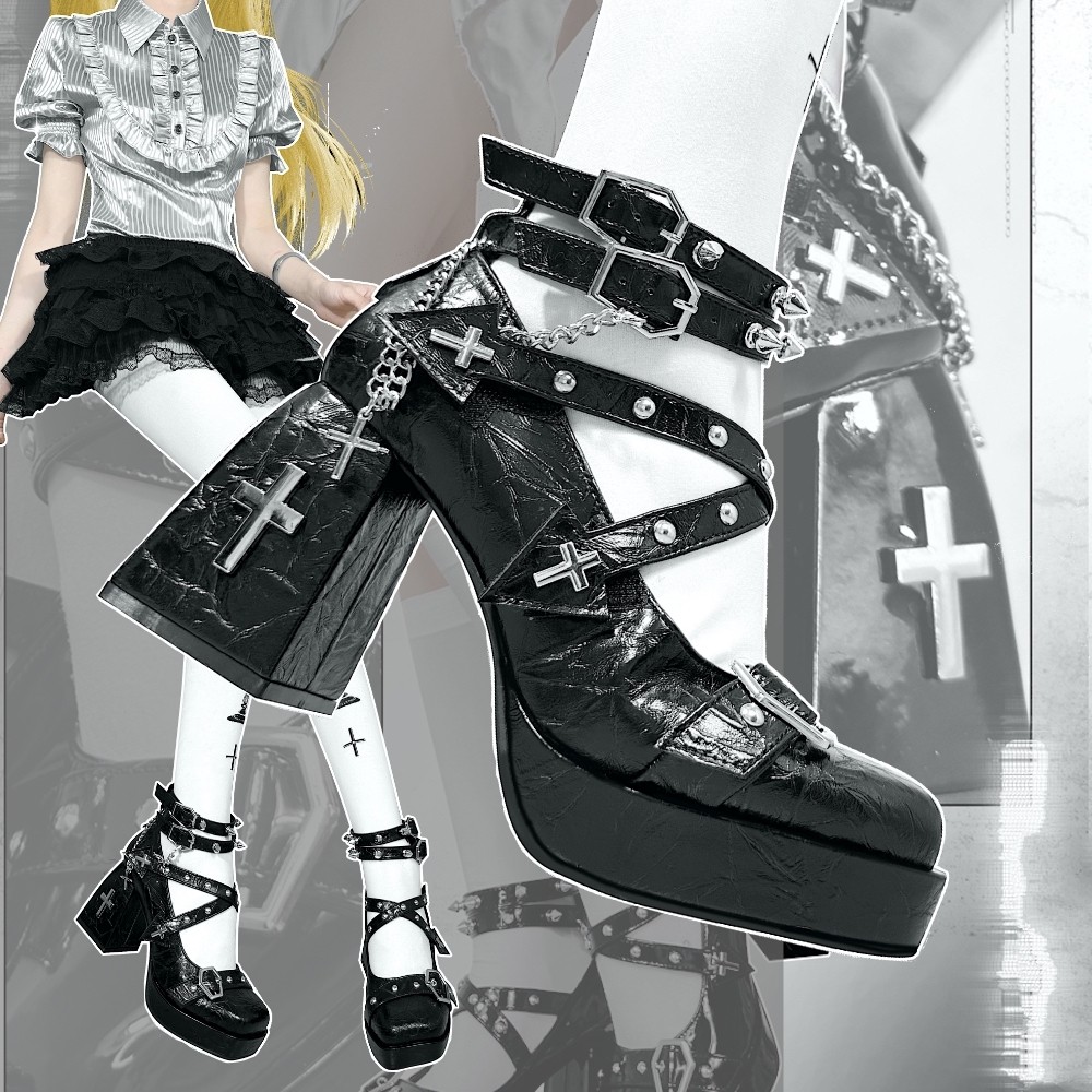 Cross-shaped shackles original Lolita high heels Y2K punk style subculture women's shoes chain hot girl single shoes women's shoes