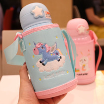 Cartoon large capacity double cover straw Thermos cup send cup cover Kindergarten primary school students portable drop-resistant and leak-proof cup