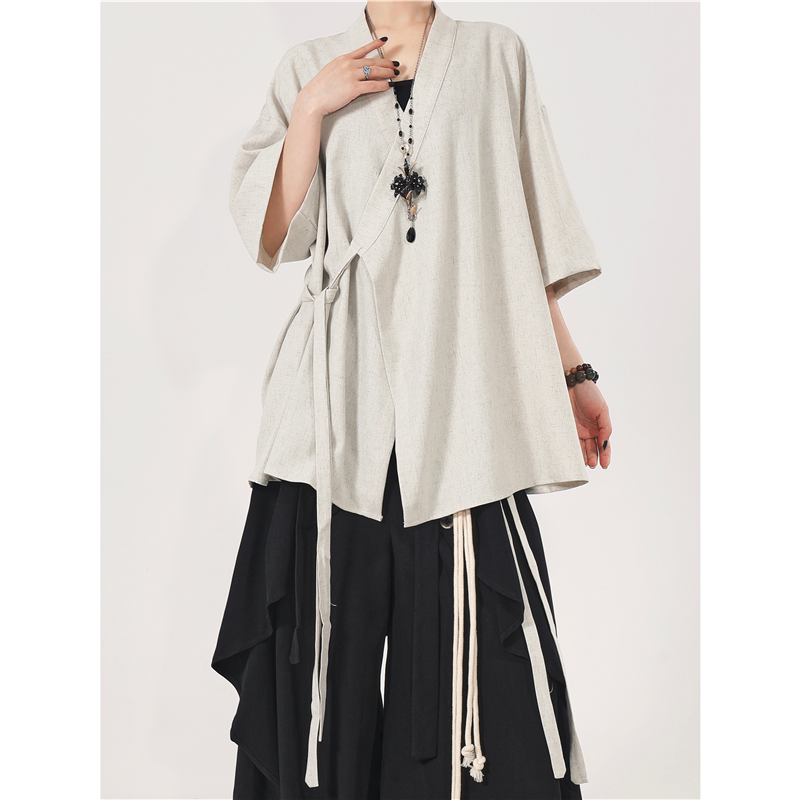 Retro Oblique-Fronted Robe Shirt for Men and Women, Yohji Yamamoto Style Three-Quarter Sleeve Cardigan, Cape, Improved Hanfu, Ancient Style Shirt