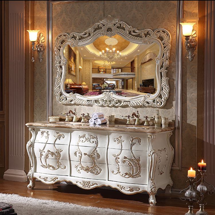 Bathroom Cabinet Oak European Solid Wood Washbasin Marble Bathroom Cabinet Bathroom Floor-Standing Double Basin Washbasin Cabinet