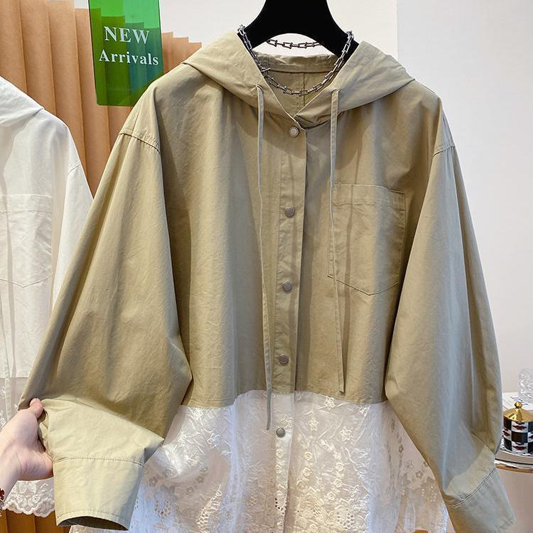 1.0-150kg Plus Size High-End Lace Patchwork Hooded Shirt for Women, Spring and Autumn Loose Niche Long-Sleeve Shirt Jacket