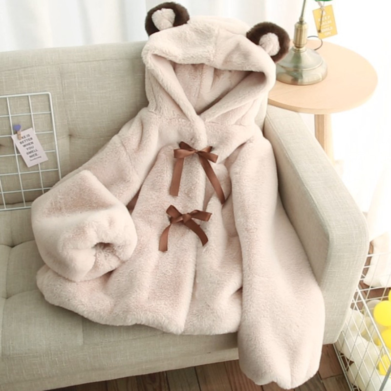 Soft Girl Plush Coat for Women 2025 Autumn and Winter Student Cute Thickened Faux Fur Rabbit Fur Fluffy Bear Ears Cotton Coat