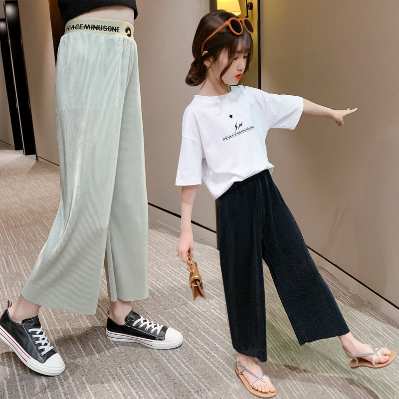 Cô gái băng lụa quần rộng chân mùa hè mỏng nhỏ nhăn nheo hoa cúc cao eo loose-fitting lớn cậu bé cô gái quần âu thẳng bình thường.