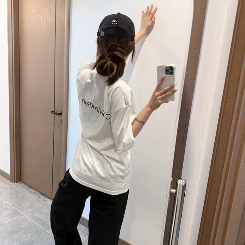 [Ck American Version Authentic] Short-Sleeved Tops with Printed Letters, Round Neck, Loose Mid-Length T-Shirts for Men and Women in Summer, Pure Cotton