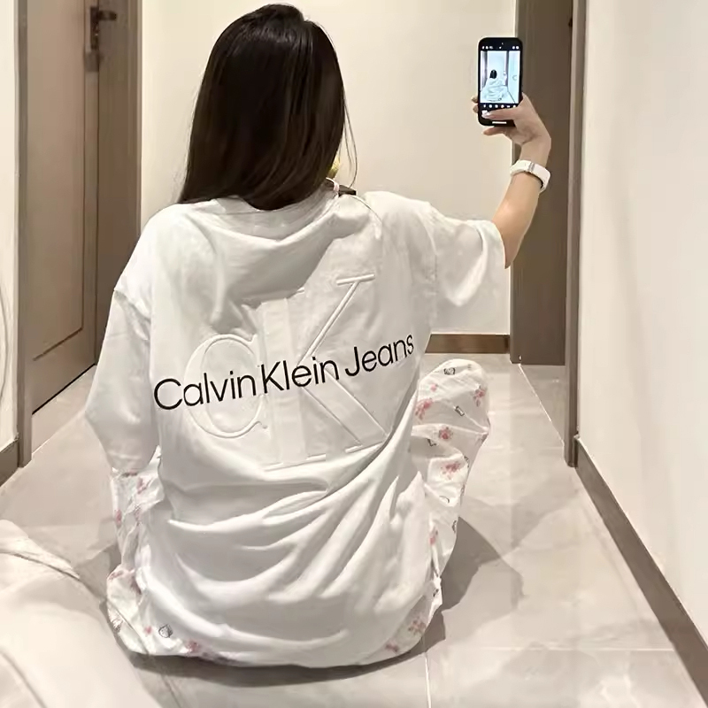 [Ck Us Version Authentic] Short-Sleeved T-Shirt with Printed Letters, Round Neck, Unisex, Summer Loose Fit, Mid-Length, Pure Cotton