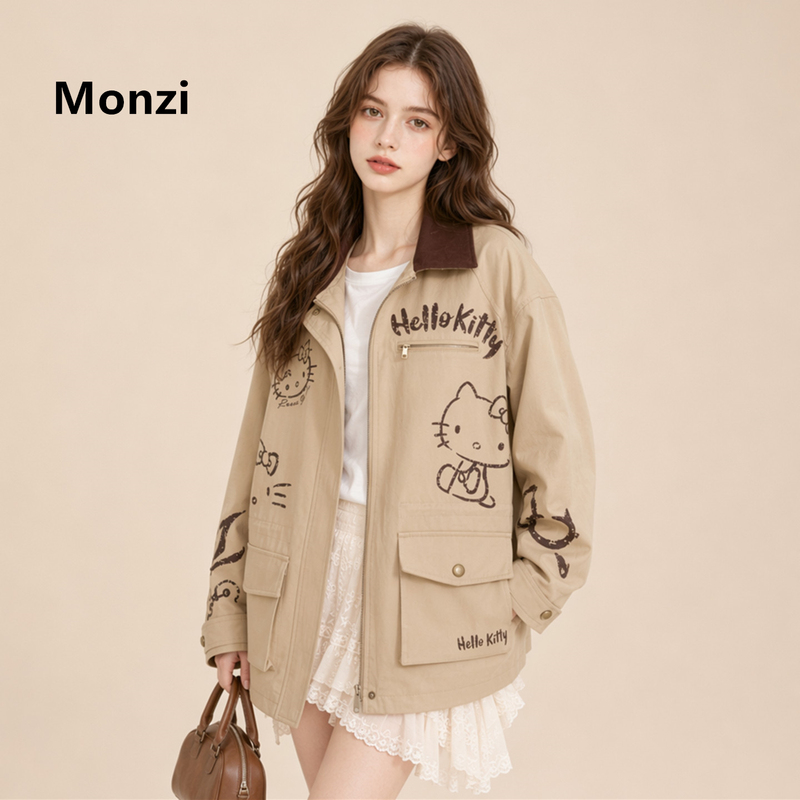 Monzi Cartoon Style Hellokitty Printed Lapel Jacket for Women Autumn Loose Casual Mid-Length Work Jacket Monzi Cartoon Style Hellokitty Printed Lapel Jacket for Women Autumn Loose Casual Mid-Length Work Jacket
