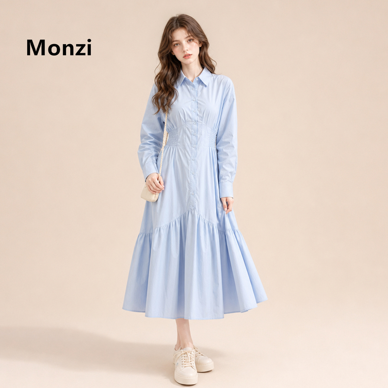 Monzi Blue Minimalist Style Shirt Dress for Women, New Spring and Autumn Long-Sleeve A-Line Waist-Cinching Gentle Style Mid-Length Dress