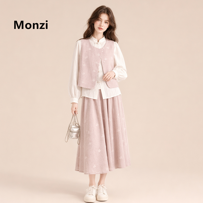Monzi Pink Gentle Style Embroidered Vest Shirt Skirt Three-Piece Set for Women, New Autumn High-End Suit Monzi Pink Gentle Style Embroidered Vest Shirt Skirt Three-Piece Set for Women, New Autumn High-End Suit