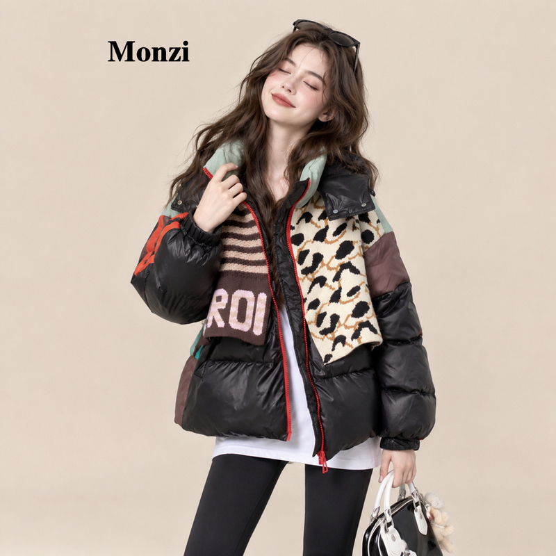 Monzi Design-Focused, Heavy Craftsmanship, Color-Blocked Letter Leopard Print White Duck down Jacket, Winter Puffer Jacket for Petite Sizes