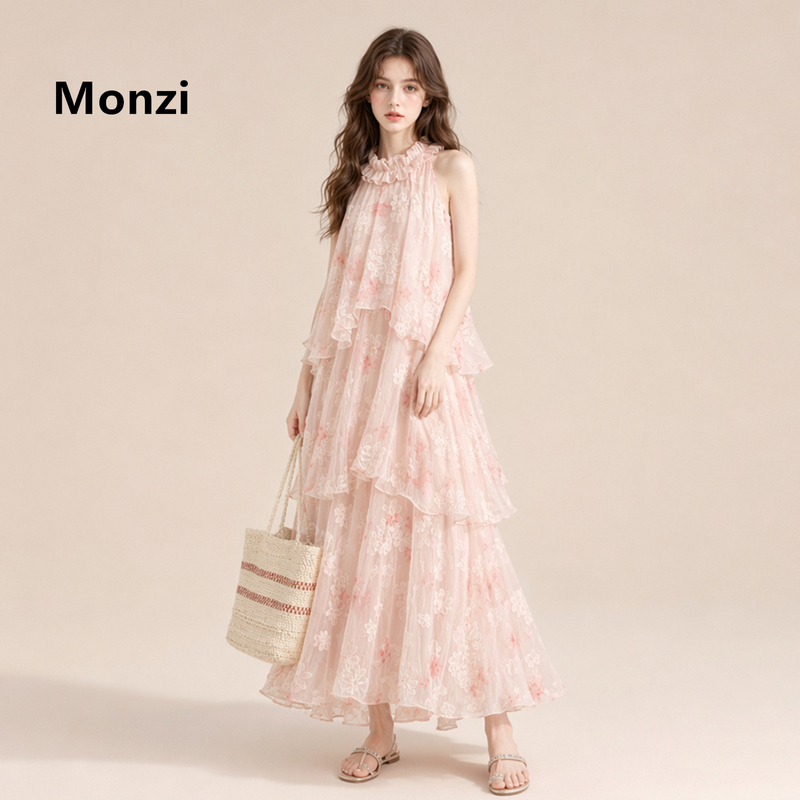 Monzi Pink Heavy Embroidery Halter Neck Dress for Women, New Summer Romantic Vacation Style Tiered Dress