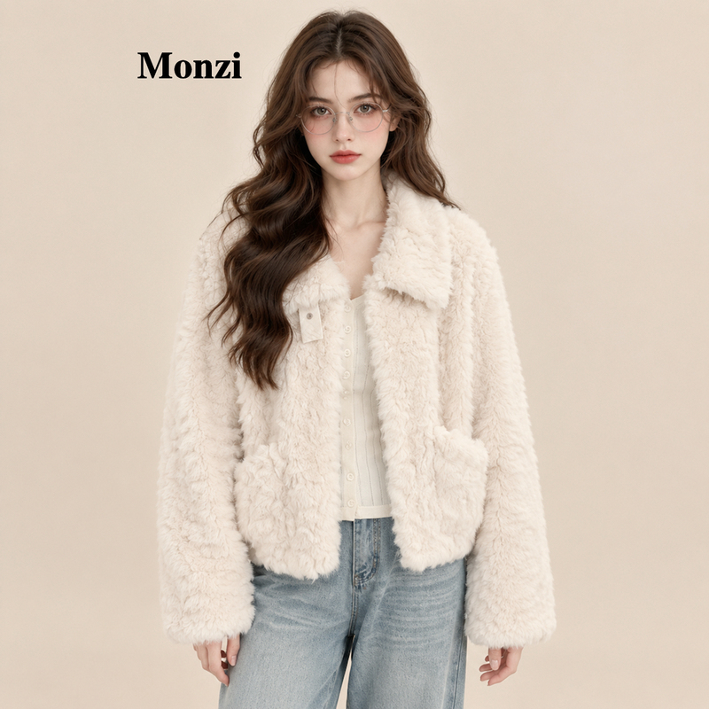 Monzi Off-White Gentle Style Faux Fur Short Coat for Women, Winter Thickened, Stylish and Slimming, with a Leather and Fur Integrated Design Monzi Off-White Gentle Style Faux Fur Short Coat for Women, Winter Thickened, Stylish and Slimming, with a Leather and Fur Integrated Design