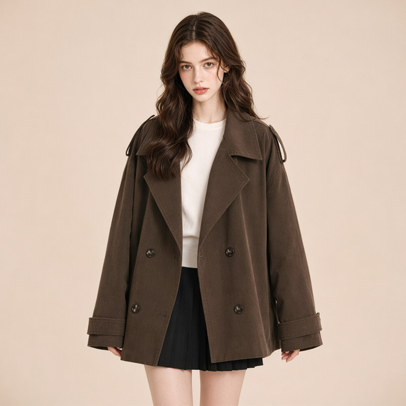 Monzi Coffee-Colored Retro Casual Style Double-Breasted Trench Coat for Women, New Loose-Fitting Lapel High-End Jacket for Spring and Autumn