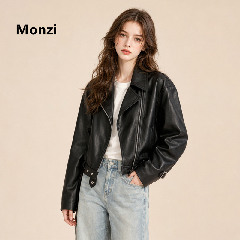 Monzi Black Cool Casual Style Pu Leather Jacket for Women, New Spring and Autumn Short Loose Fit Biker Jacket with Turn-Down Collar
