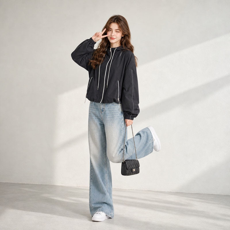 Monzi Black Casual Style Hooded Short Jacket for Women, New Autumn Style, Very Stylish Loose Zipper Jacket