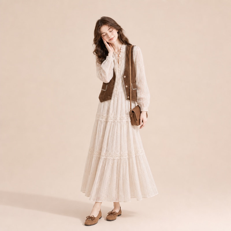 Monzi French Retro Style Long-Sleeved Embroidered Dress Two-Piece Set for Women Autum New High-Waisted Belted Long Skirt Monzi French Retro Style Long-Sleeved Embroidered Dress Two-Piece Set for Women Autum New High-Waisted Belted Long Skirt
