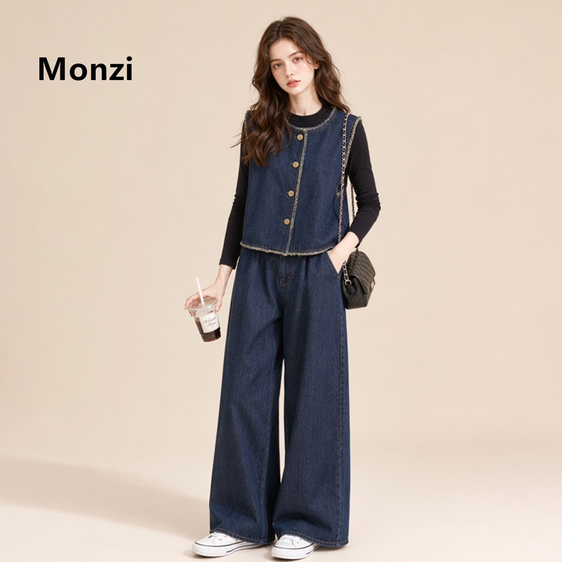 Monzi Casual Style Denim Vest Wide-Leg Pants Suit for Women Early Spring and Autumn New High-End Trendy Three-Piece Set