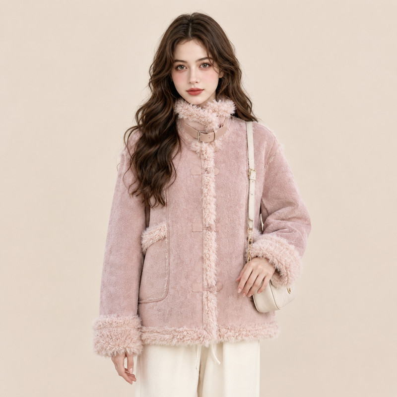 Monzi Pink Gentle Style Lamb Wool Short Coat for Women, Winter Stand Collar with Fur Trim, Warm and Suitable for Petite Figures, Made of Shearling
