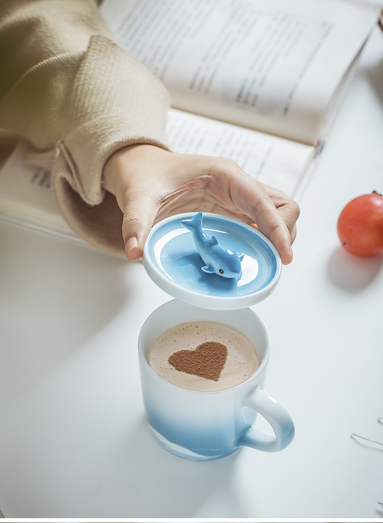 Cloud art of jingdezhen dolphins hand - made mugs creative ceramic cup contracted coffee cup with cover