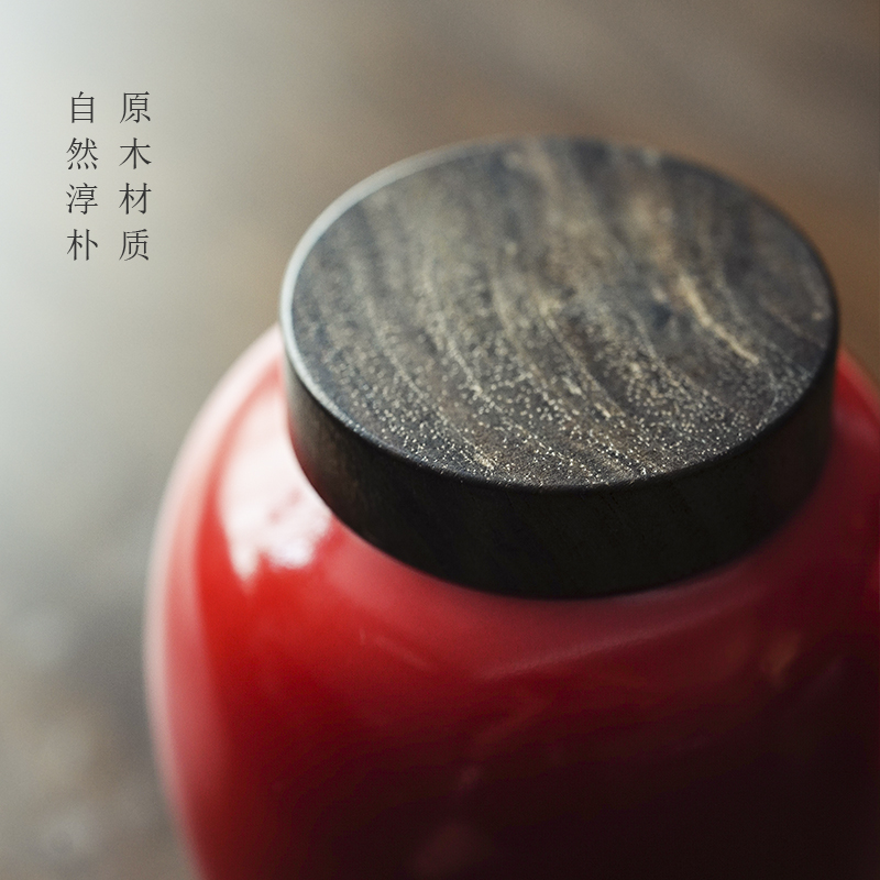 Cloud art of jingdezhen coral red ceramic tea pot lid seal pot wooden storage tanks to wake receives small tea warehouse