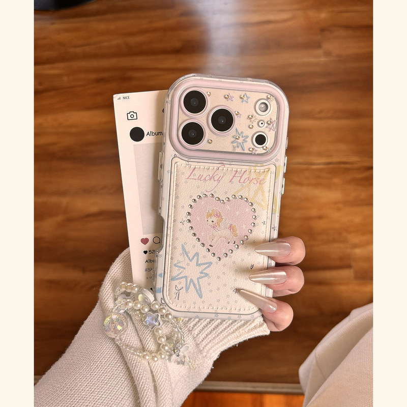 Suitable for Apple 18 Pro Max Phone Case with Diamond-Encrusted Heart Unicorn Design, New iPhone 17 Full-Cover Leather Soft Anti-Drop Case, 16 Pro with Lanyard, Korean Style, Personalized, Ins-Style, 15 Pm Cartoon Cute High-End