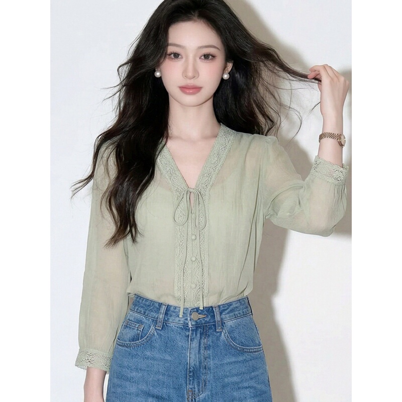French-Style Green V-Neck Tie-Up Embroidered Shirt for Women, 2026 Summer Long-Sleeve Lace Patchwork Design, Youthful Top