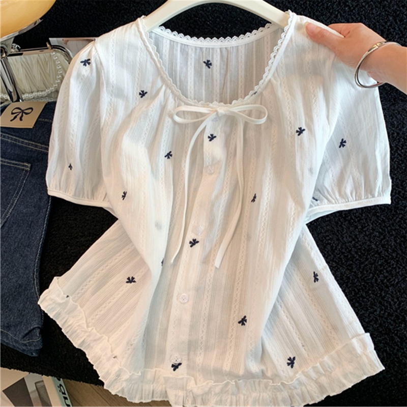 Guangzhou Shisanxing Hot-Selling Women's Lace Patchwork Short-Sleeve Shirt, Summer Heavy Embroidery Blouse, Thin Top