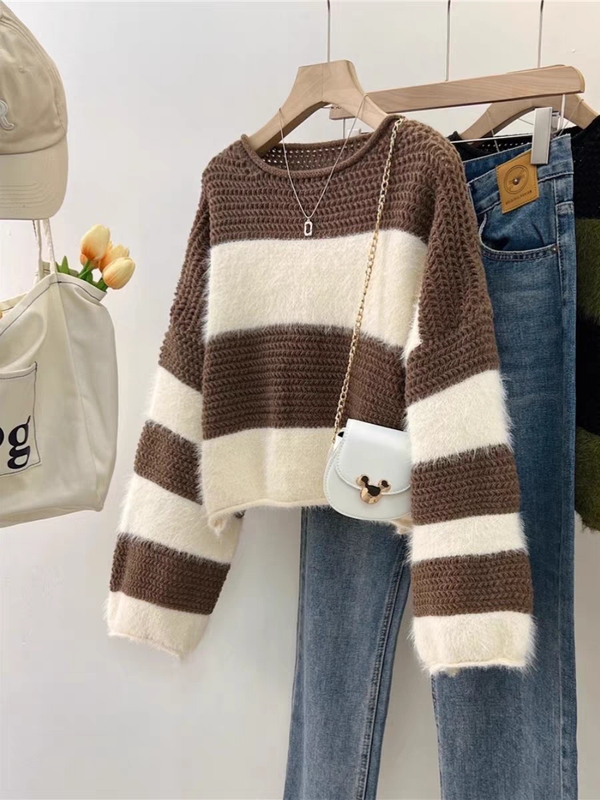 Plus-Size Women's Clothing, Mink Velvet Sweater for Fat Girls, Loose-Fitting Autumn and Winter Wear, Thick Striped Knitwear Plus-Size Women's Clothing, Mink Velvet Sweater for Fat Girls, Loose-Fitting Autumn and Winter Wear, Thick Striped Knitwear