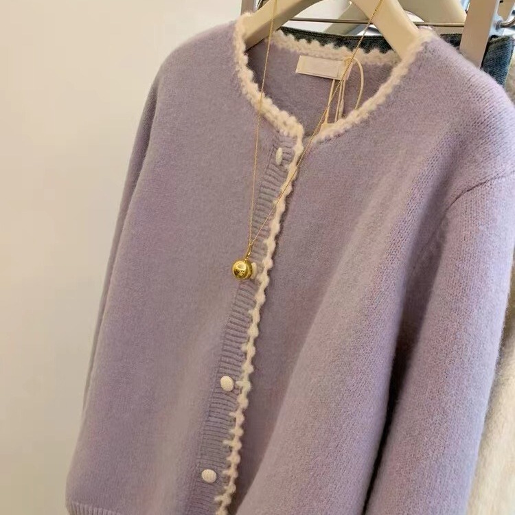 Guangzhou Thirteen Rows Women's Clothing French Taro Purple Raccoon Fur Sweater Jacket Autumn and Winter Lazy Knitted Cardigan Top Guangzhou Thirteen Rows Women's Clothing French Taro Purple Raccoon Fur Sweater Jacket Autumn and Winter Lazy Knitted Cardigan Top