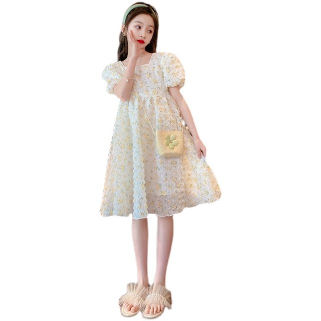 Girls' dress summer pastoral style children's puff sleeve princess dress floral skirt girl big boy summer skirt summer dress