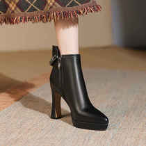 High Heel Pointed Martin Boots Woman Fine Heel Genuine Leather Autumn Winter New Waterproof Bench Lace Plus Suede Temperament Chelsea Short Boots