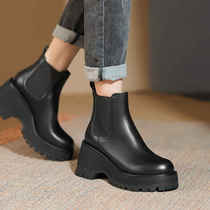 Small sub Chelsea short boots women genuine leather heightening smoke pipe boots Inlenty wind spring autumn new high heel thick bottom Martin boots