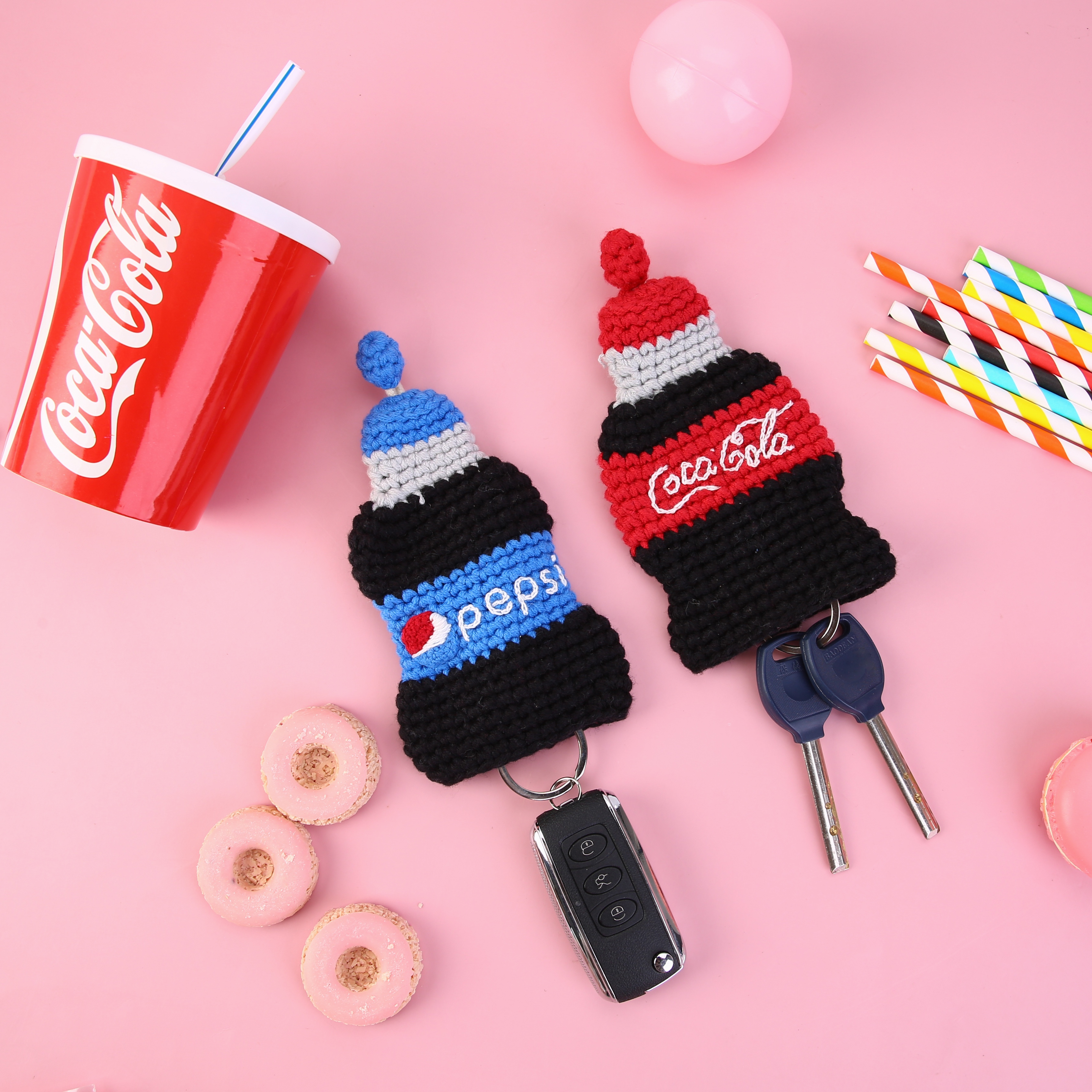 INS Daily Style Cute Cotton Wool Line Pull-out Knitted Cartoon Car Key Buckle Pendant Coke Styling Cotton Thread Bag-Taobao