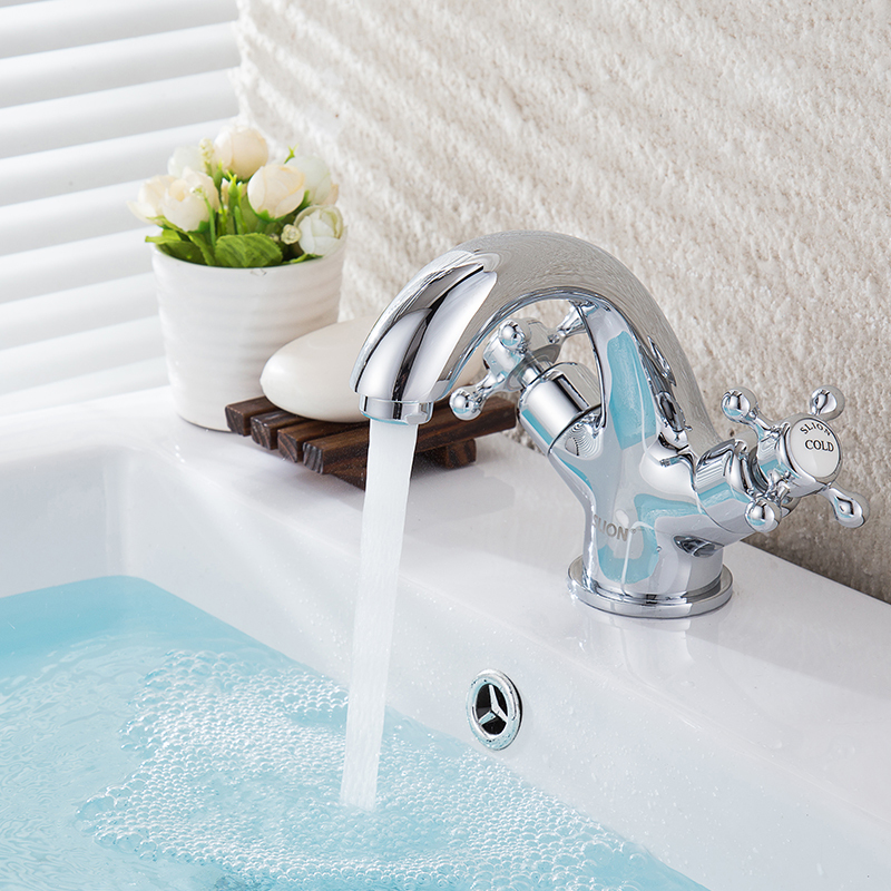 Lion Forest European-Style Double-Handle Basin Faucet, Hot and Cold, All Brass, for Washbasin, Sink, Countertop Basin, Double-Open Single-Hole