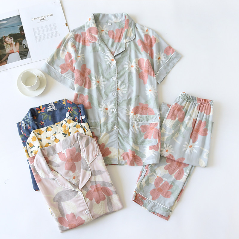 Spring Summer Sleeping Girl 2022 New thin models Short sleeves Long pants Home Loose Cotton Silk Home Clothing Two Sets