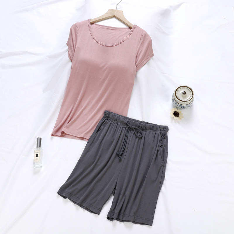Ladies summer with chest mat Model pajamas thin wear-free bra short sleeve shorts home suit for outfit wear