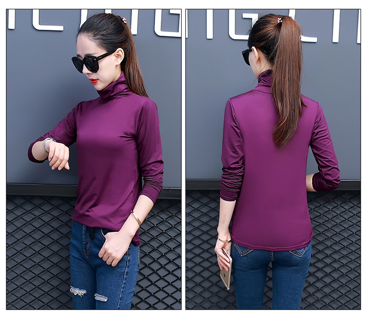 Cộng với chất liệu nhung lụa co giãn cao mỏng phiên bản Hàn Quốc của cổ cao mỏng, màu rắn ấm áp mùa thu và mùa đông cơ sở áo thun cổ tròn tay dài áo phông nữ rộng