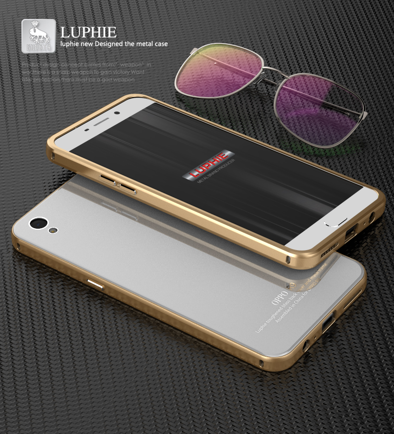 Luphie Aircraft Aluminum Metal Frame 9H Tempered Glass Back Cover Case for OPPO R9