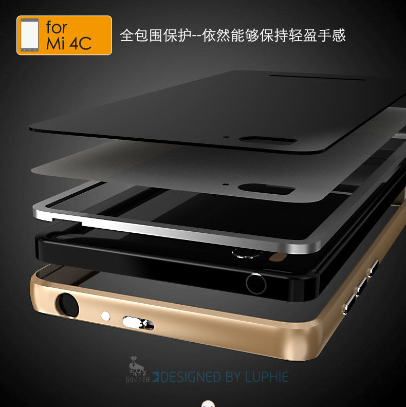 Luphie Aircraft Aluminum Metal Frame 9H Tempered Glass Back Cover Case for Xiaomi Mi 4C