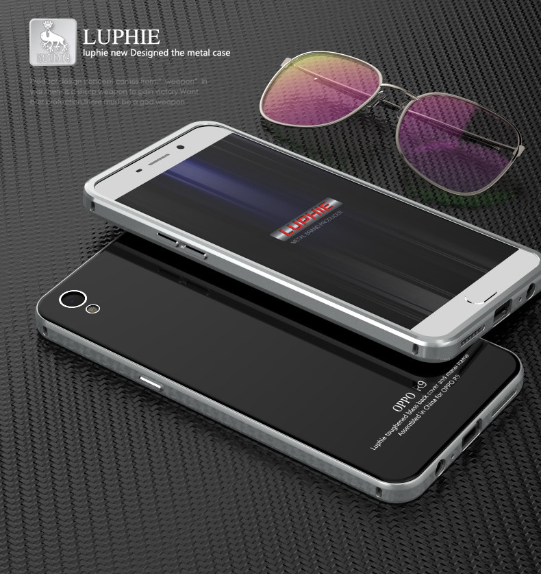 Luphie Aircraft Aluminum Metal Frame 9H Tempered Glass Back Cover Case for OPPO R9