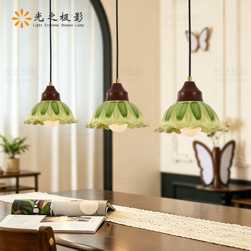 Three-Head Chandelier Restaurant Lamp Retro Ceramic Green Lampshade 2026 New French Mid-Century Style Solid Wood Dining Table Lighting Three-Head Chandelier Restaurant Lamp Retro Ceramic Green Lampshade 2026 New French Mid-Century Style Solid Wood Dining Table Lighting