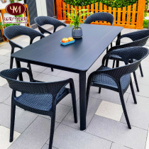 Tableau extérieur et table Courtyard Rock Plate Table Outdoor Leisure Long Table Imitation Vine Chair Terrace Waterproof Sunscreen Combination