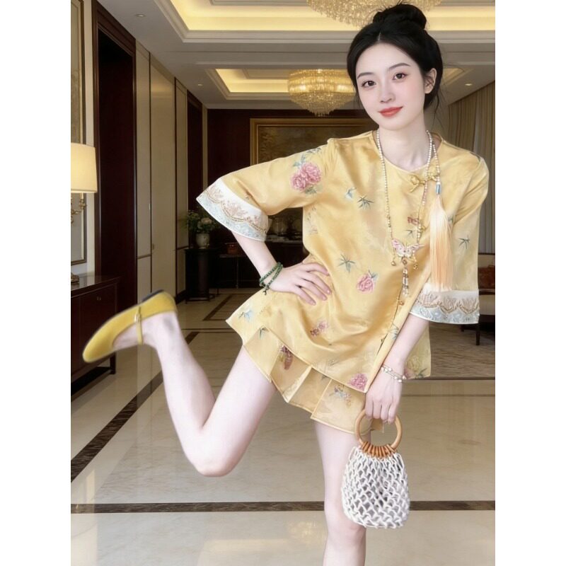 Beautiful New Chinese-Style Fashion Suit for Women, Summer High-End Beautiful Heavy-Duty Jacquard Top and Short Skirt Two-Piece Set