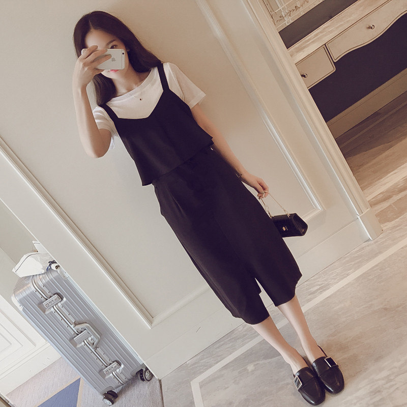 时尚小清新吊带连衣裙套装女夏新款学生显瘦背带裙00后长裙两件套