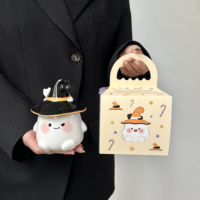Halloween Gifts for Girls, Best Friends, and Children: Cute Ghost Water Cup, Ceramic Mug with Lid, Practical