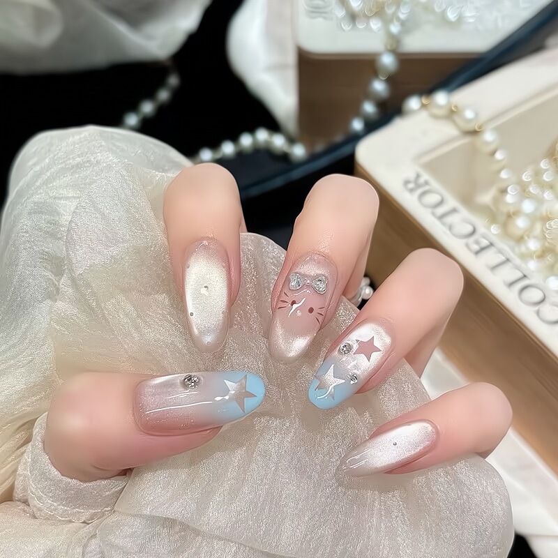 Cartoon Cat Wearing Nails with Nude Rhinestones and Stars, Fake Nail Patches, Gradient Cute Cat Eye Blue Cartoon Cat Wearing Nails with Nude Rhinestones and Stars, Fake Nail Patches, Gradient Cute Cat Eye Blue