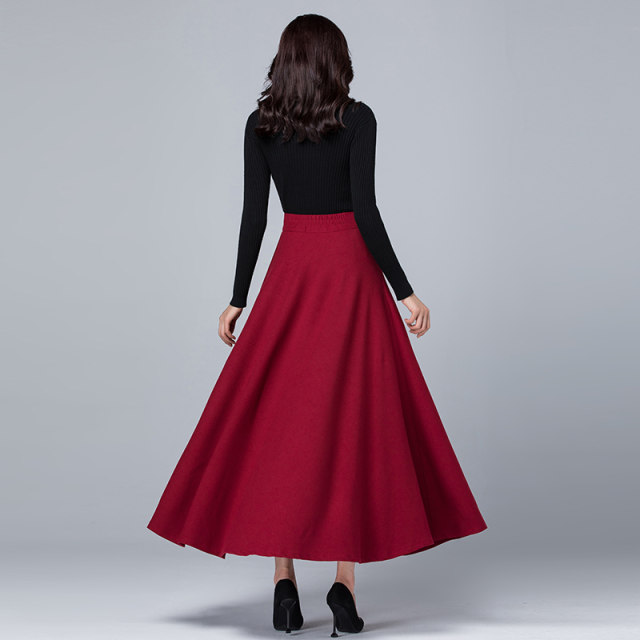 2021 new half-length skirt female autumn and winter red plus size long skirt high waist A-line skirt big swing square dance dancing skirt