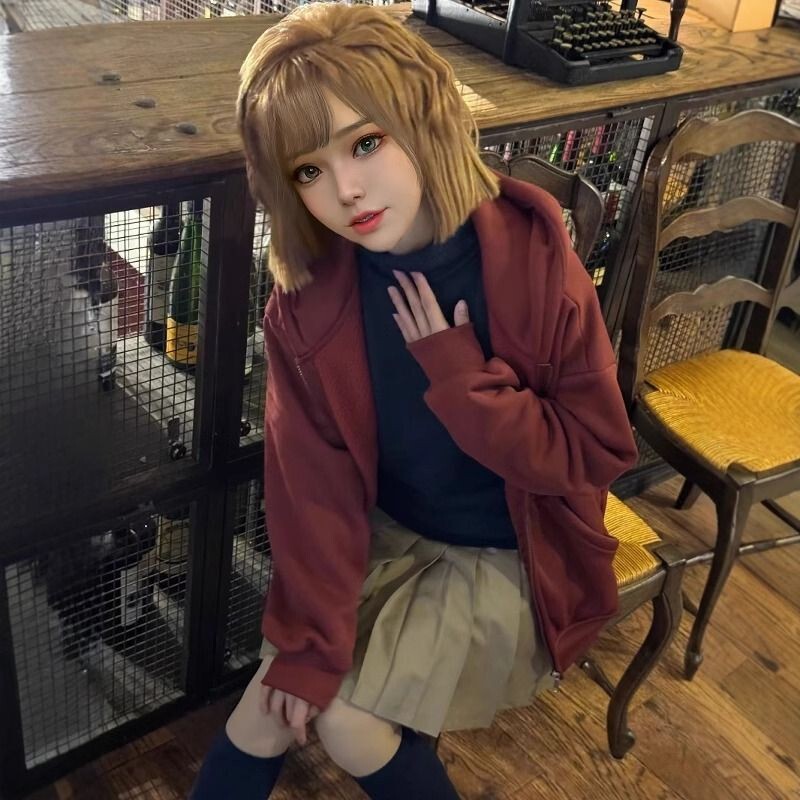 Haibara Ai Cosplay Costume: Detective Conan Haibara Ai Red Sweatshirt Jacket, Blue Turtleneck Sweater, Apricot Jk Skirt
