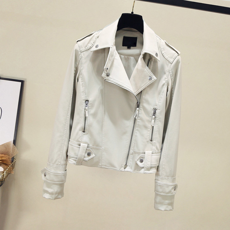 Hong Kong Tide Brand 2022 New Korean Edition Versatile White Leather Jacket Women's Short Motorcycle Wash Leather Jacket